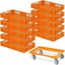 10x Bäckerkiste/ Eurobehälter, LxBxH 600x400x90 Mm, Orange + Transportroller