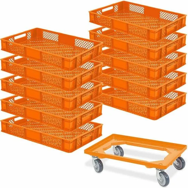 10x Bäckerkiste/ Eurobehälter, LxBxH 600x400x90 Mm, Orange + Transportroller 1 10x Bäckerkiste/ Eurobehälter, LxBxH 600x400x90 Mm, Orange + Transportroller