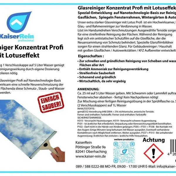 KaiserRein Professional Glasreiniger Konzentrat Profi Mit Lotuseffekt 5L 2 KaiserRein Professional Glasreiniger Konzentrat Profi Mit Lotuseffekt 5L – Bild 2