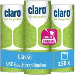 Claro Classic Geschirrspülpulver - Biologisch Abbaubar - 3x 900-g-Behälter