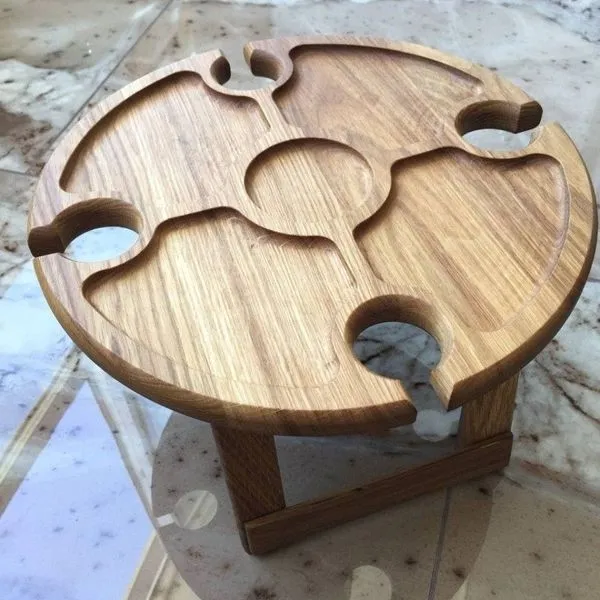 Weintisch "Abend" Rund - Tablett Aus EICHE Mit Weinglas Halter, Tragbarer Picknick 1 Weintisch "Abend" Rund - Tablett Aus EICHE Mit Weinglas Halter, Tragbarer Picknick
